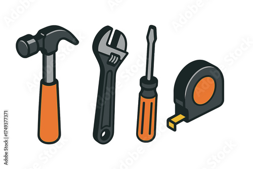 Essential hand tools for repair and construction: hammer, wrench, screwdriver, and tape measure