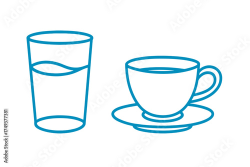 Minimalist blue outline of a drinking glass with water next to a hot beverage cup and saucer