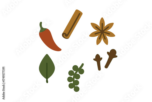 Collection of common cooking spices including chili pepper cinnamon star anise cloves and peppercorns