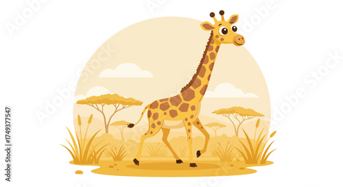 Cartoon Giraffe Walking in the Savannah Landscape.