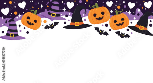 Halloween themed illustration featuring pumpkins, witch hats, bats, hearts, and stars against a purple background with white space below.