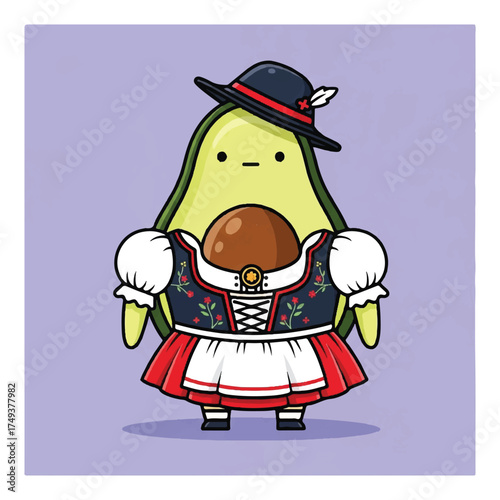 Cartoon avocado character wearing traditional Bavarian clothing, including a dirndl dress and a feathered hat, holding its seed.