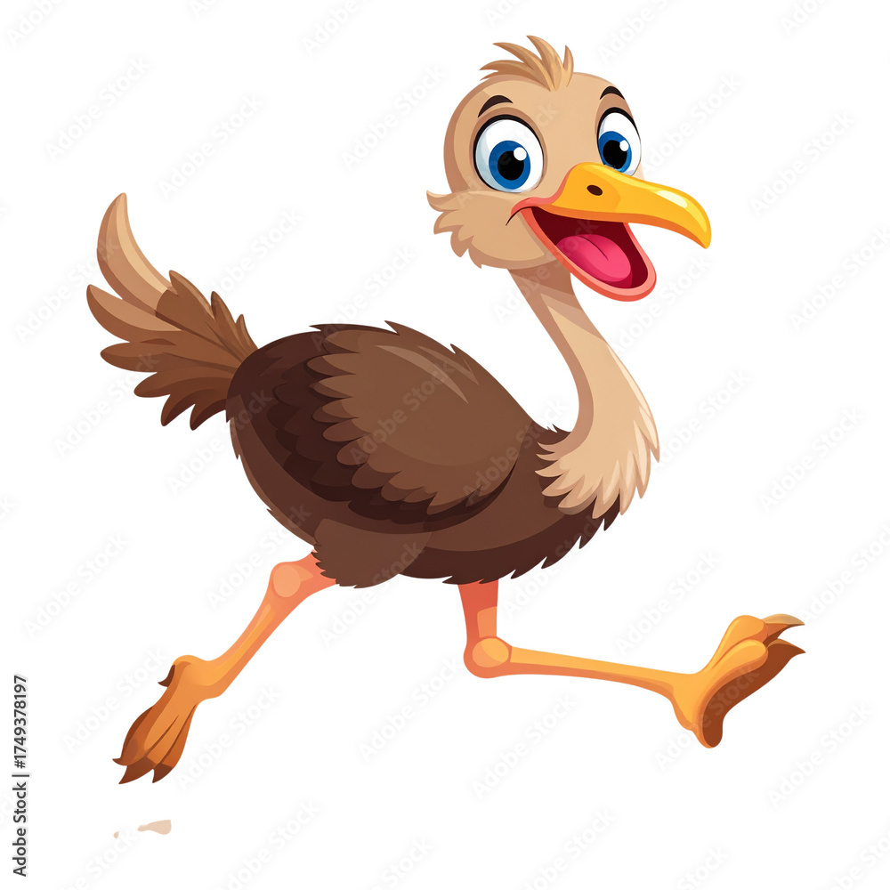Naklejka premium vector PNG of a happy ostrich running with elongated legs and wide smile; perfect for children’s books, wildlife cartoons, fun brands, safari themes and energetic nature designs.