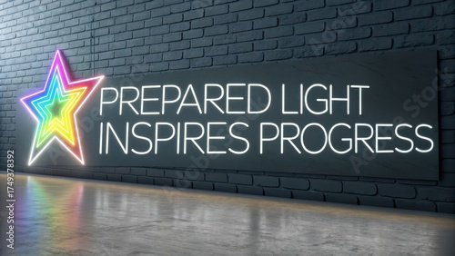 Neon Star with Inspirational Quote on Dark Wall Background