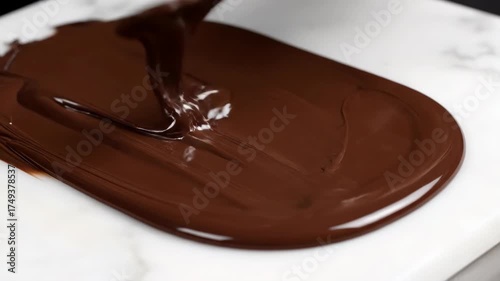 Melted chocolate spread on white surface with spatula. Sweet dessert preparation and confectionery concept. Food and cooking footage.