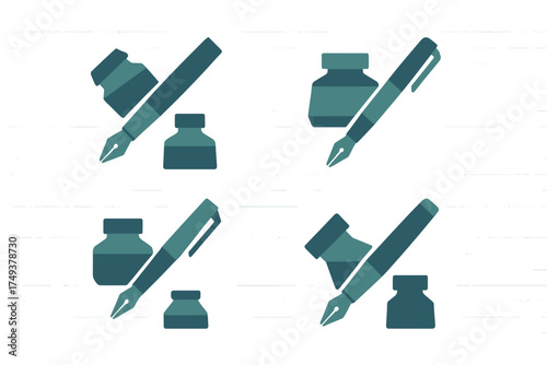 Seamless pattern of classic fountain pens and ink bottles in teal color scheme