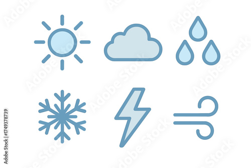 Set of simple weather forecast icons showing sun cloud rain snow lightning and wind