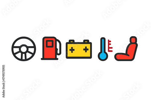 Colorful car dashboard warning and indicator symbols: steering wheel, fuel, battery, temperature, seat
