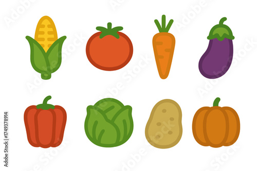 Assortment of healthy organic produce including corn, tomato, carrot, eggplant, and bell pepper