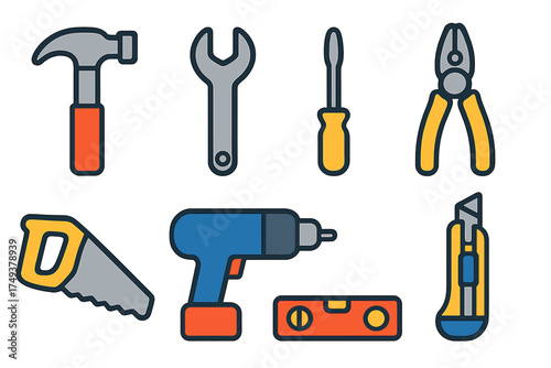 Collection of construction and repair tools including hammer, wrench, drill, saw, and utility knife
