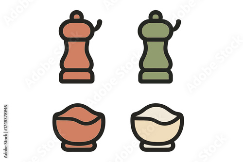 Set of four colorful kitchen icons showing spice grinders and bowls of seasoning powder