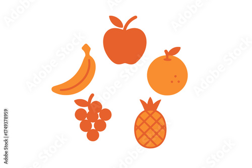 Stylized graphic arrangement of fresh apple, banana, orange, and tropical fruits