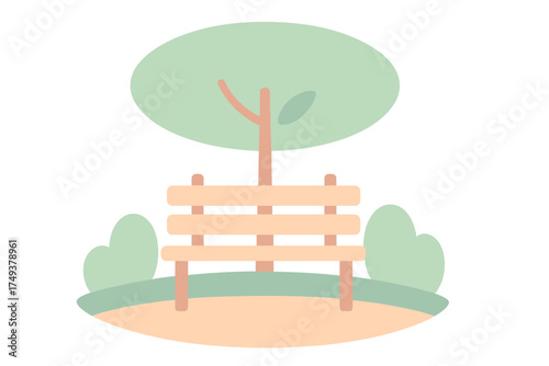 Minimalist wooden bench under a large shade tree in a public park setting