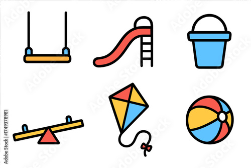 Colorful collection of playground equipment and summer toys: swing, slide, seesaw, kite, and beach ball