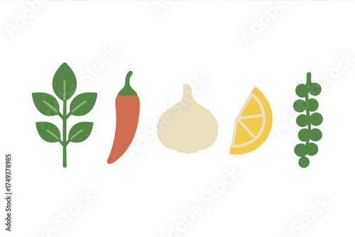 Collection of common cooking ingredients including fresh herbs, chili pepper, garlic, lemon, and peppercorns