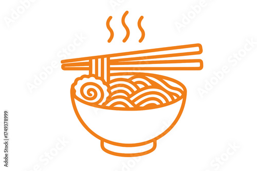Minimalist orange outline of a steaming bowl of ramen noodles with chopsticks holding food