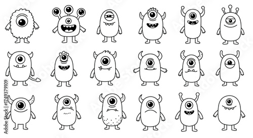 Collection of Cute Cartoon Monsters with One Eye.