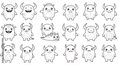 Collection of Cute Cartoon Monsters with Horns and Big Eyes.