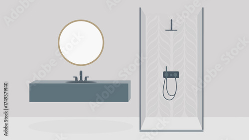 A modern bathroom with a sink and round mirror next to a glass enclosed shower with black fixtures