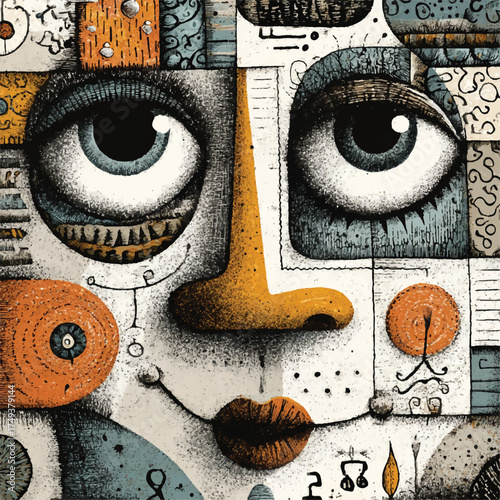 Abstract cubist portrait features large expressive eyes and a textured nose isolated on a white.