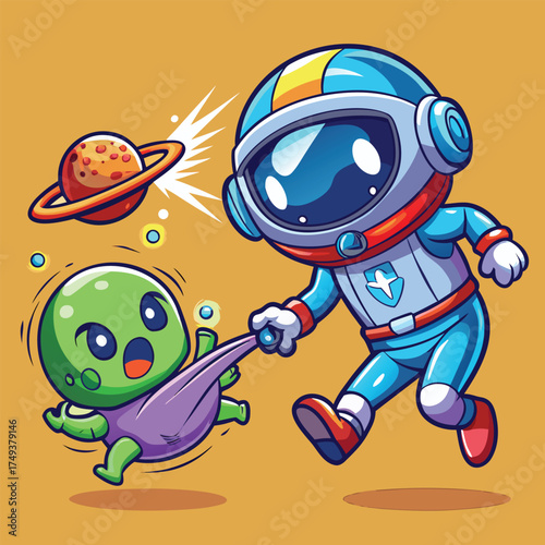 Cartoon Astronaut Catching Alien with Planet Orbiting in Space Background