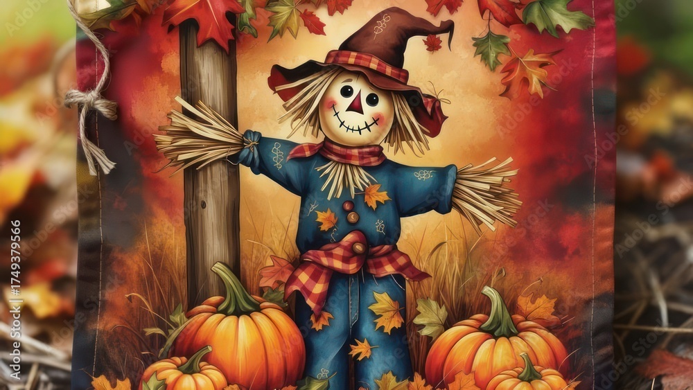 Obraz premium Whimsical Scarecrow with Pumpkins and Autumn Leaves.