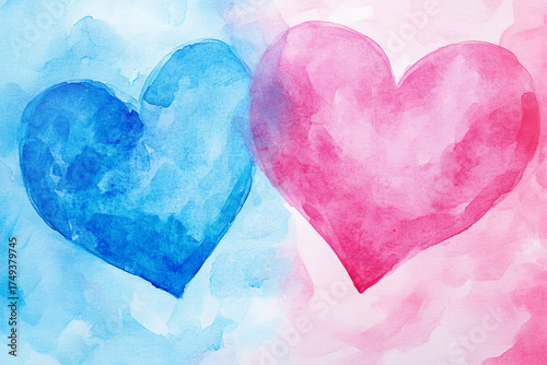 Twins hearts design: blue and pink illustration shows sweet welcome for newborn babies arrival. Painted illustration celebrates twins; symbolizing affection and tender happiness. 