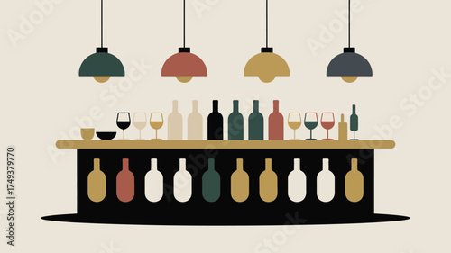 Stylized bar scene with bottles and glasses under hanging lamps in a flat vector illustration style