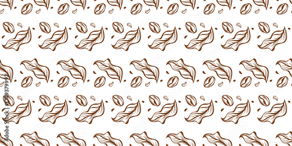Obraz premium Coffee beans and leaves seamless pattern vector design