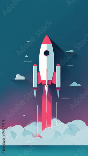 Minimalist Rocket Launching Into Space with Smoke Clouds Illustration