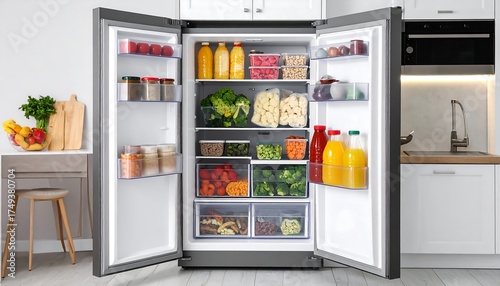 A fully stocked, stainless steel refrigerator is open, showcasing a variety of food items, neatly organized on multiple shelves and in various drawers. The setting is a bright kitchen