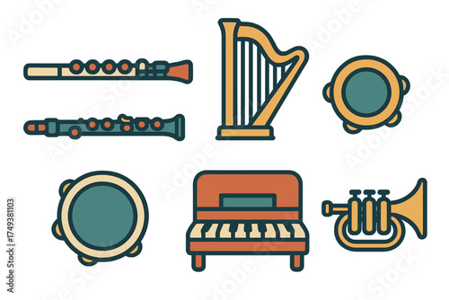 Set of musical instruments including flute, harp, piano, trumpet, and tambourine
