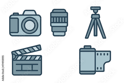 Digital camera, telephoto lens, tripod, clapperboard, and film roll symbols for media production