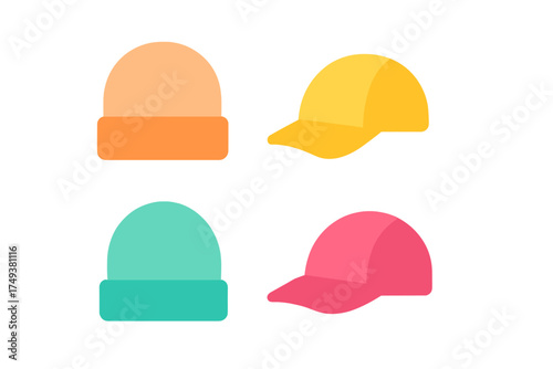 Colorful set of winter knit beanies and summer baseball caps for fashion accessories