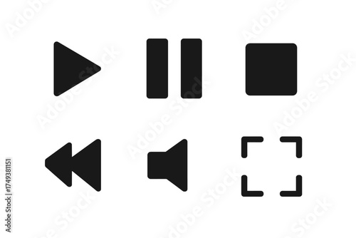 Black media player control buttons for play pause stop volume and fullscreen navigation