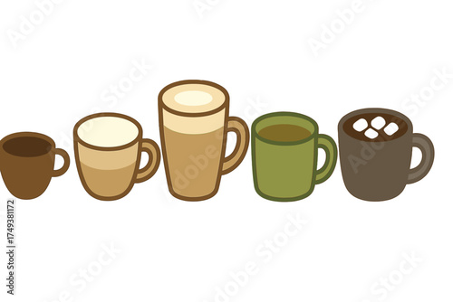 Collection of different hot drinks including espresso latte cappuccino tea and hot chocolate in mugs