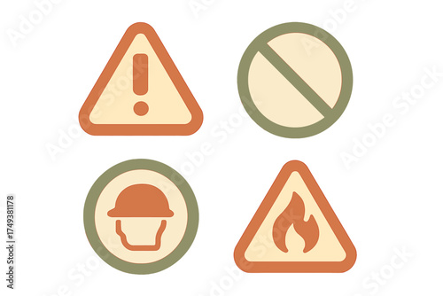 Essential industrial safety and hazard warning signs set including fire, caution, prohibition, and protective headwear symbols