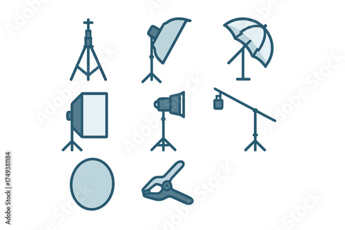 Professional studio lighting equipment collection softboxes umbrellas and stands