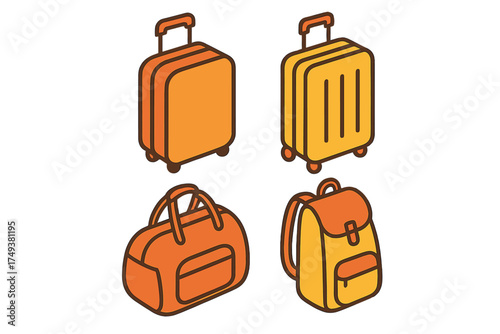 Isometric set of four travel luggage items: rolling suitcases, duffel bag, and backpack