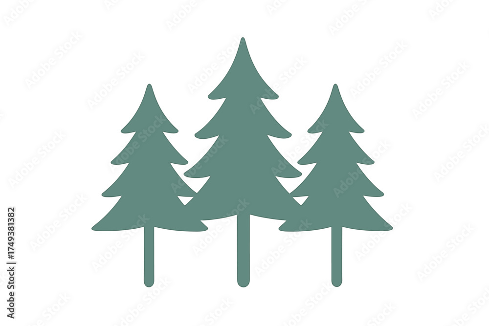 Obraz premium Stylized group of three evergreen pine trees in a forest setting on a white background