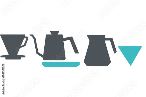Set of modern coffee making equipment silhouettes for manual pour over brewing