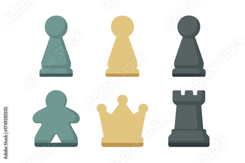 Set of stylized board game tokens featuring chess pawns, rook, meeple, and crown