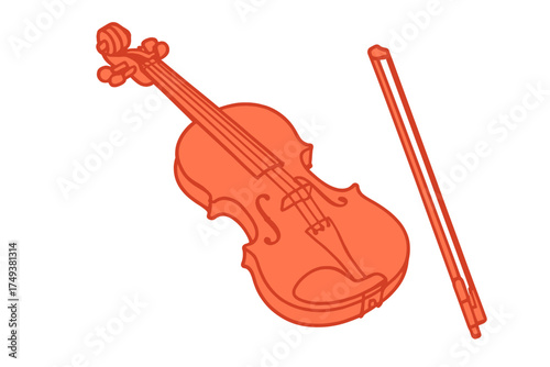 Stylized orange string instrument featuring a violin and bow outline graphic design