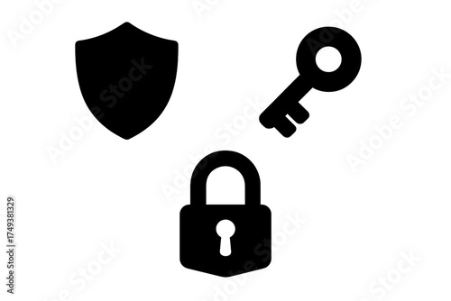 Black silhouette symbols of shield, key, and padlock representing security and access