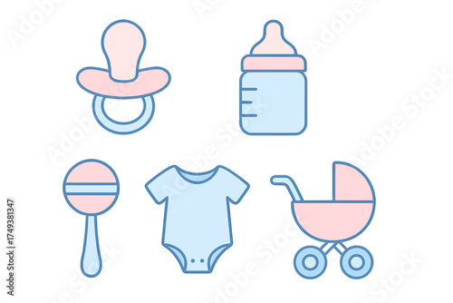 Set of newborn baby essentials including pacifier, bottle, rattle, bodysuit, and pram