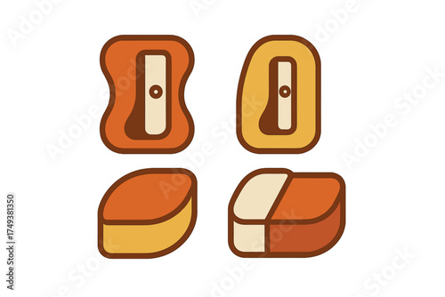 Retro style collection of pencil sharpeners and erasers for school supplies