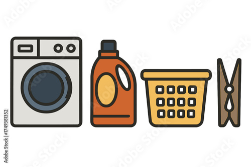 Set of essential laundry items including washing machine, detergent, basket, and clothespin