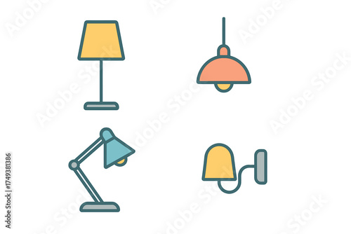 Household lighting fixtures collection including floor lamp, ceiling pendant, adjustable desk lamp, and wall sconce