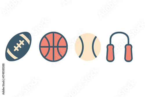 Stylized set of sports and fitness icons including American football, basketball, tennis ball, and skipping rope