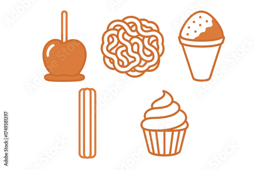 Popular carnival and fairground sweet treats including caramel apple, funnel cake, and cupcake